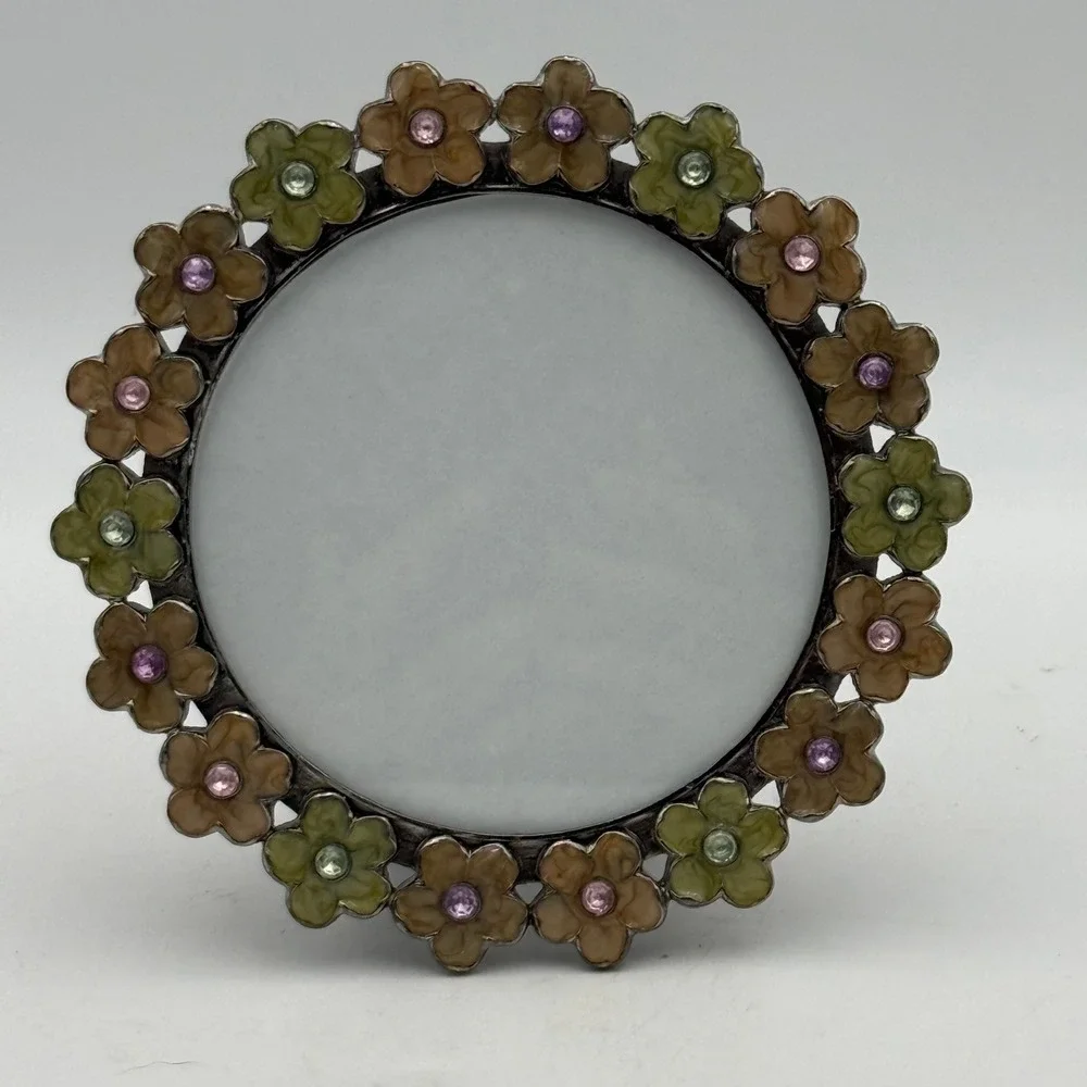 Vtg Style Round Floral Enamel Picture Frame Rhinestone Accents 3.5 Inch Photo